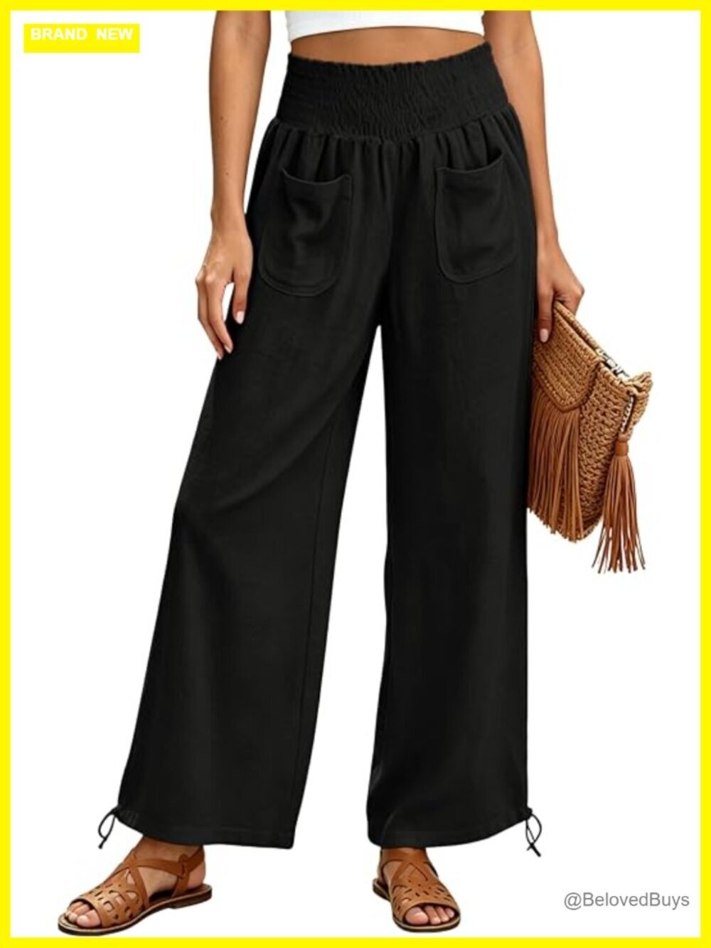 Women's Linen Wide Leg Pants with Drawstring Cuffs High Waist Casual Travel